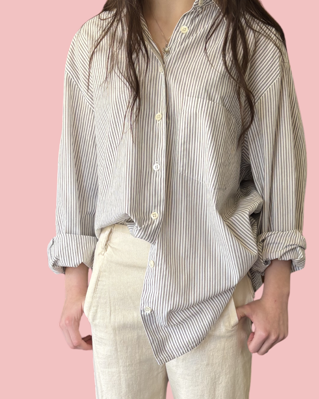 Jones New York Oversized Stripe Cotton Button Up OS